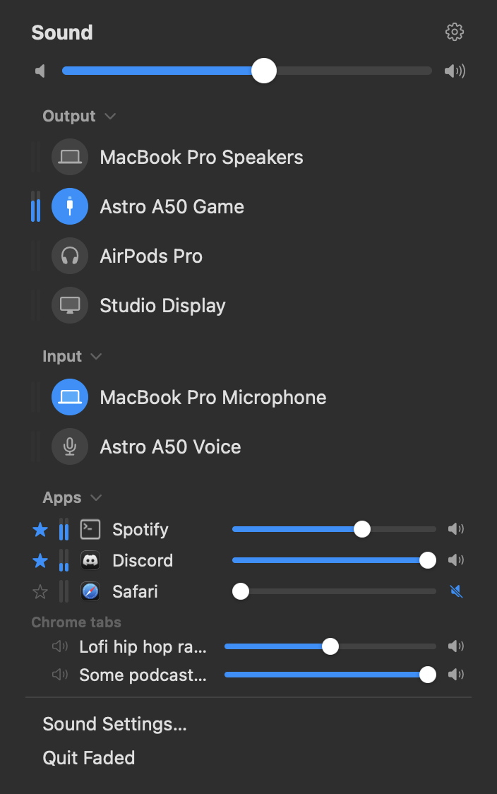 Faded's menu: a volume slider, output and input devices with level meters, per-app sliders and Chrome tabs