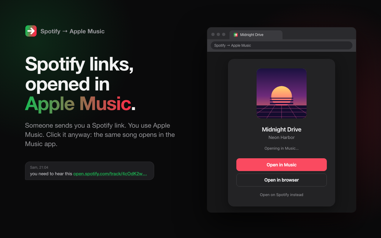 A Spotify link opening as the same song in Apple Music